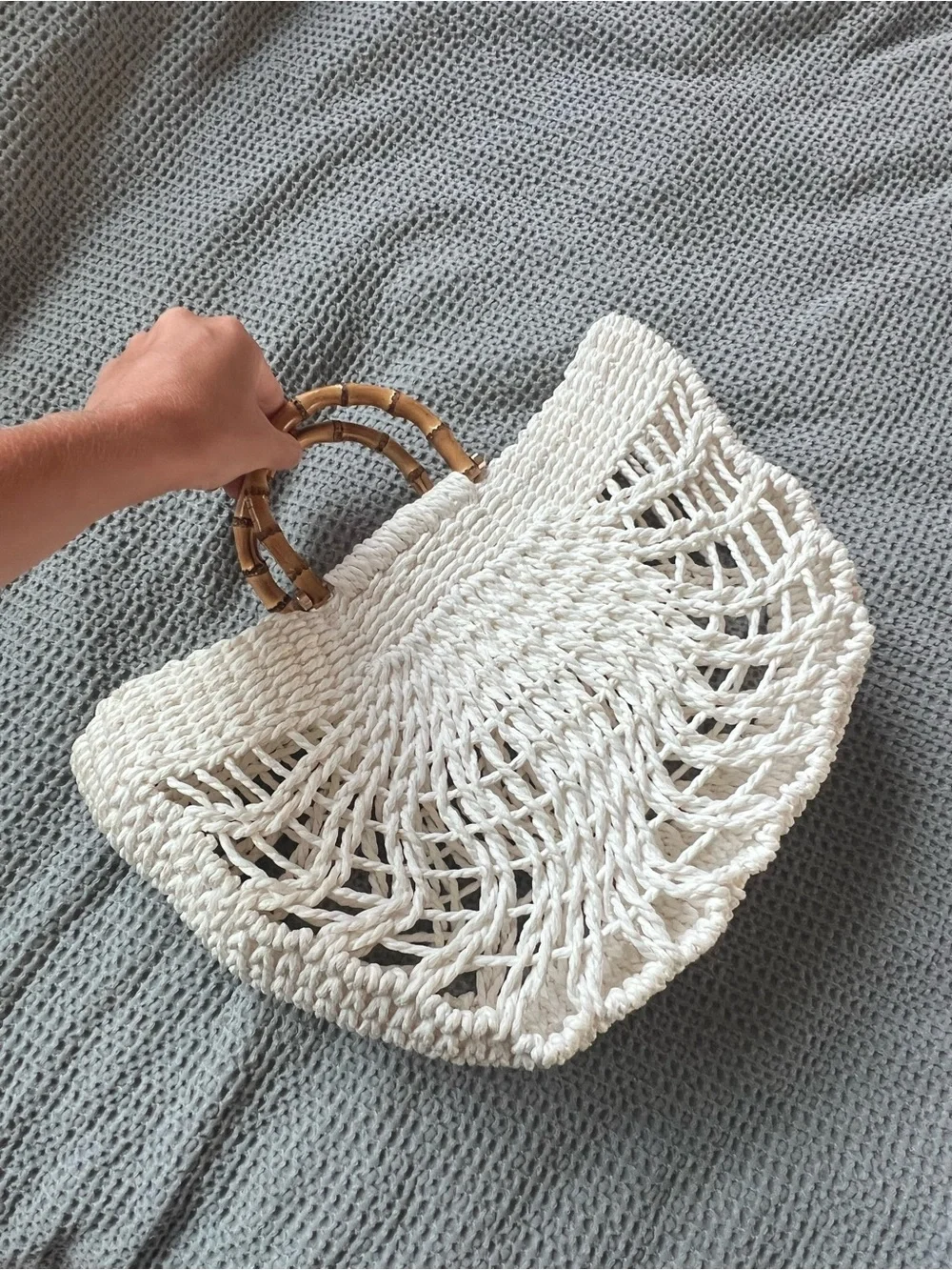 Woven Crochet Tote Bag with Bamboo Handles - White Purse Beach Bag